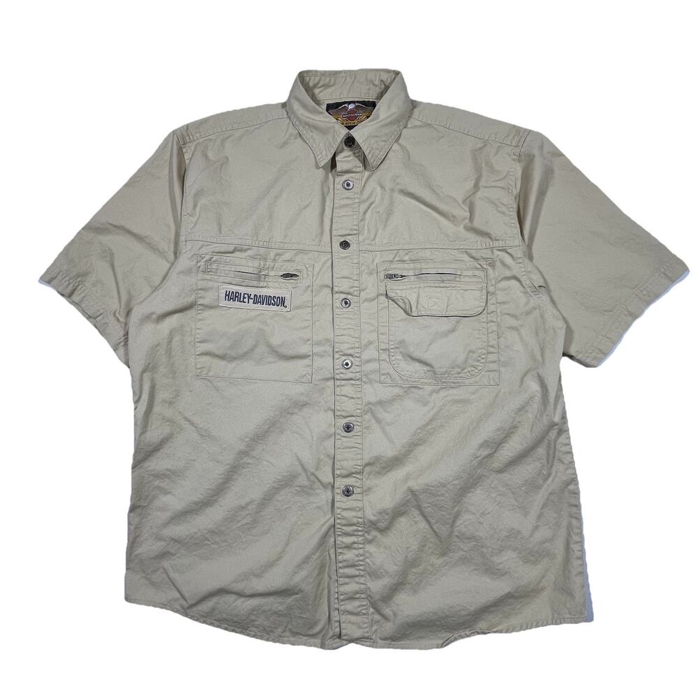 Y2K Harley Davidson American Legend Beige Short Sleeve Button Shirt Mens L